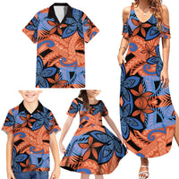 Plumeria Polynesian Pattern Family Matching Summer Maxi Dress and Hawaiian Shirt Unique Fantasy Orange Blue LT01 - Polynesian Pride