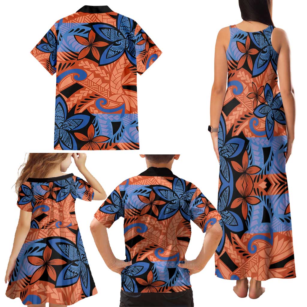 Plumeria Polynesian Pattern Family Matching Tank Maxi Dress and Hawaiian Shirt Unique Fantasy Orange Blue LT01 - Polynesian Pride
