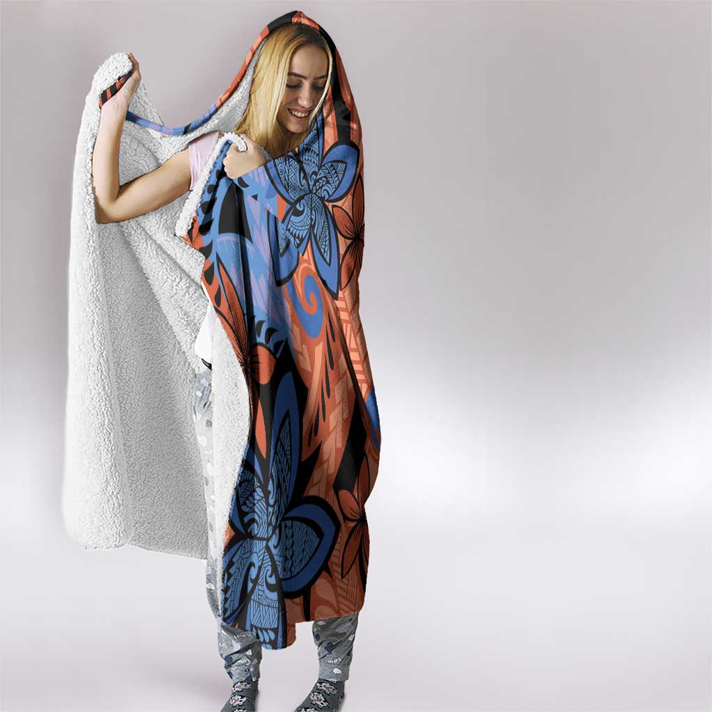 Plumeria Polynesian Pattern Hooded Blanket Unique Fantasy Orange Blue
