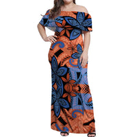 Plumeria Polynesian Pattern Off Shoulder Maxi Dress Unique Fantasy Orange Blue LT01 Women Orange - Polynesian Pride