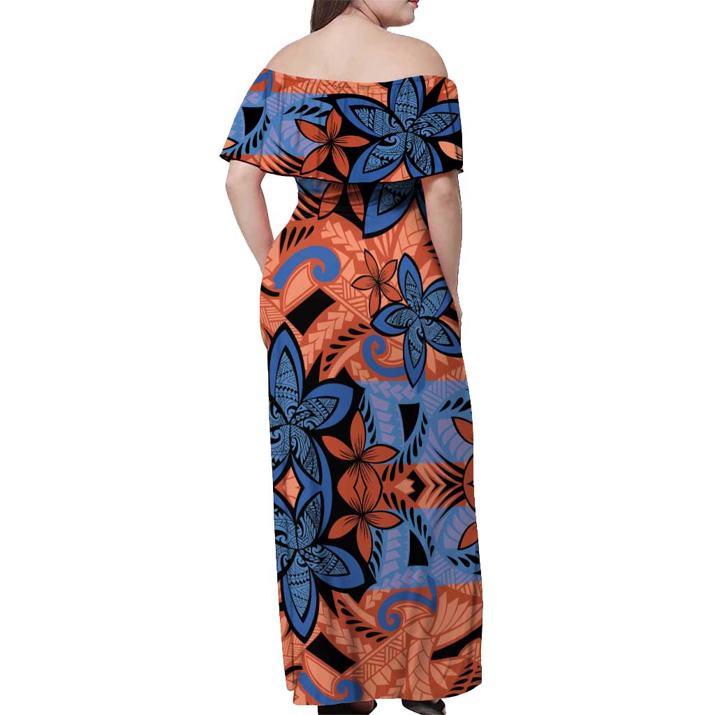Plumeria Polynesian Pattern Off Shoulder Maxi Dress Unique Fantasy Orange Blue LT01 - Polynesian Pride