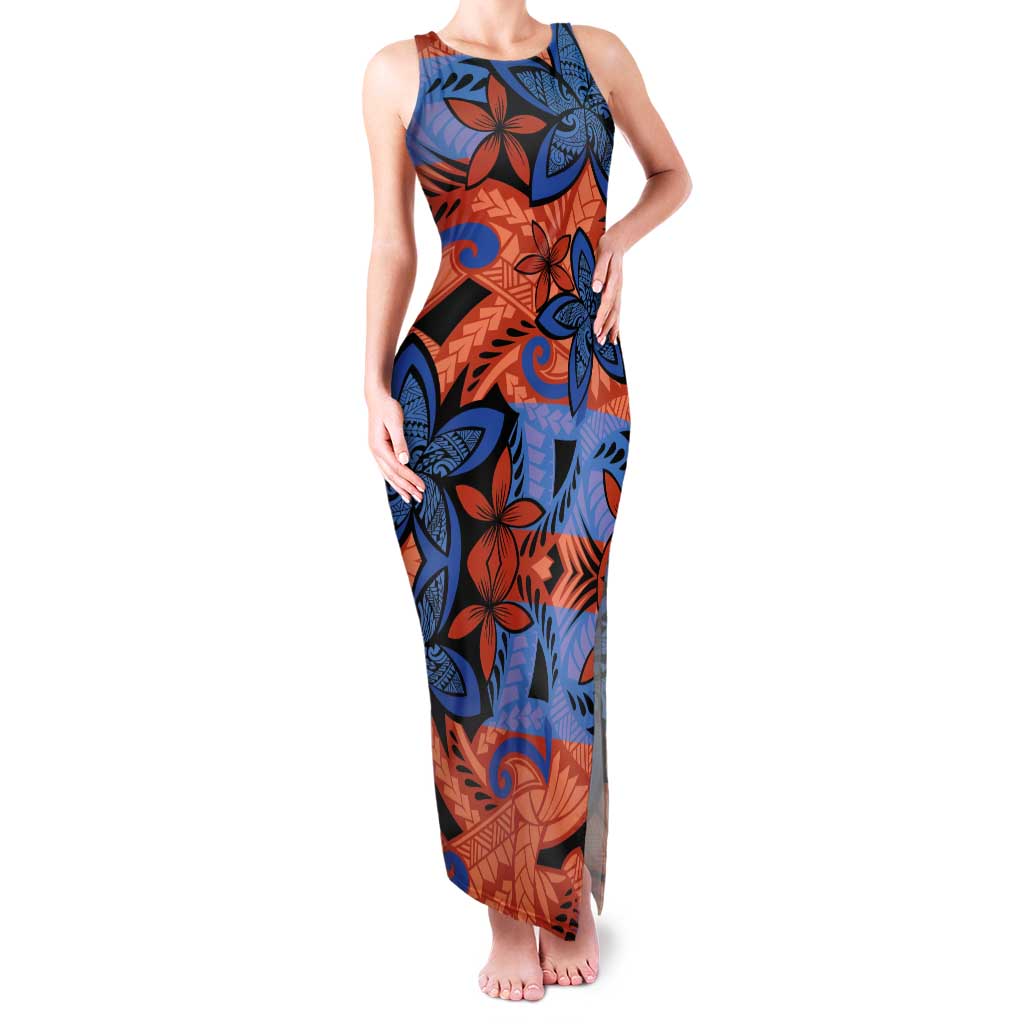 Plumeria Polynesian Pattern Tank Maxi Dress Unique Fantasy Orange Blue LT01 Women Orange - Polynesian Pride