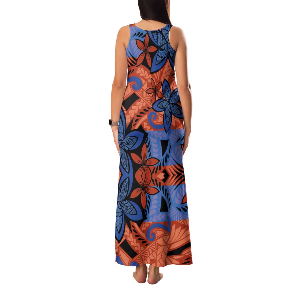 Plumeria Polynesian Pattern Tank Maxi Dress Unique Fantasy Orange Blue LT01 - Polynesian Pride