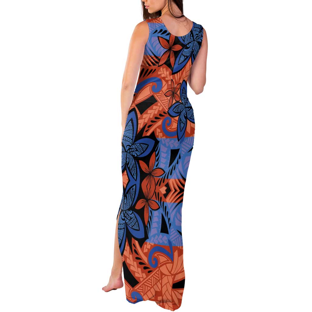 Plumeria Polynesian Pattern Tank Maxi Dress Unique Fantasy Orange Blue LT01 - Polynesian Pride