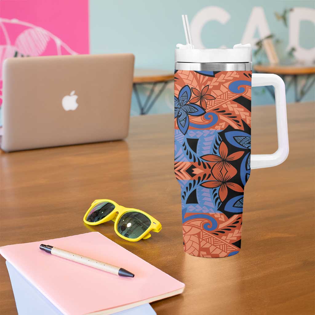 Plumeria Polynesian Pattern Tumbler With Handle Unique Fantasy Orange Blue