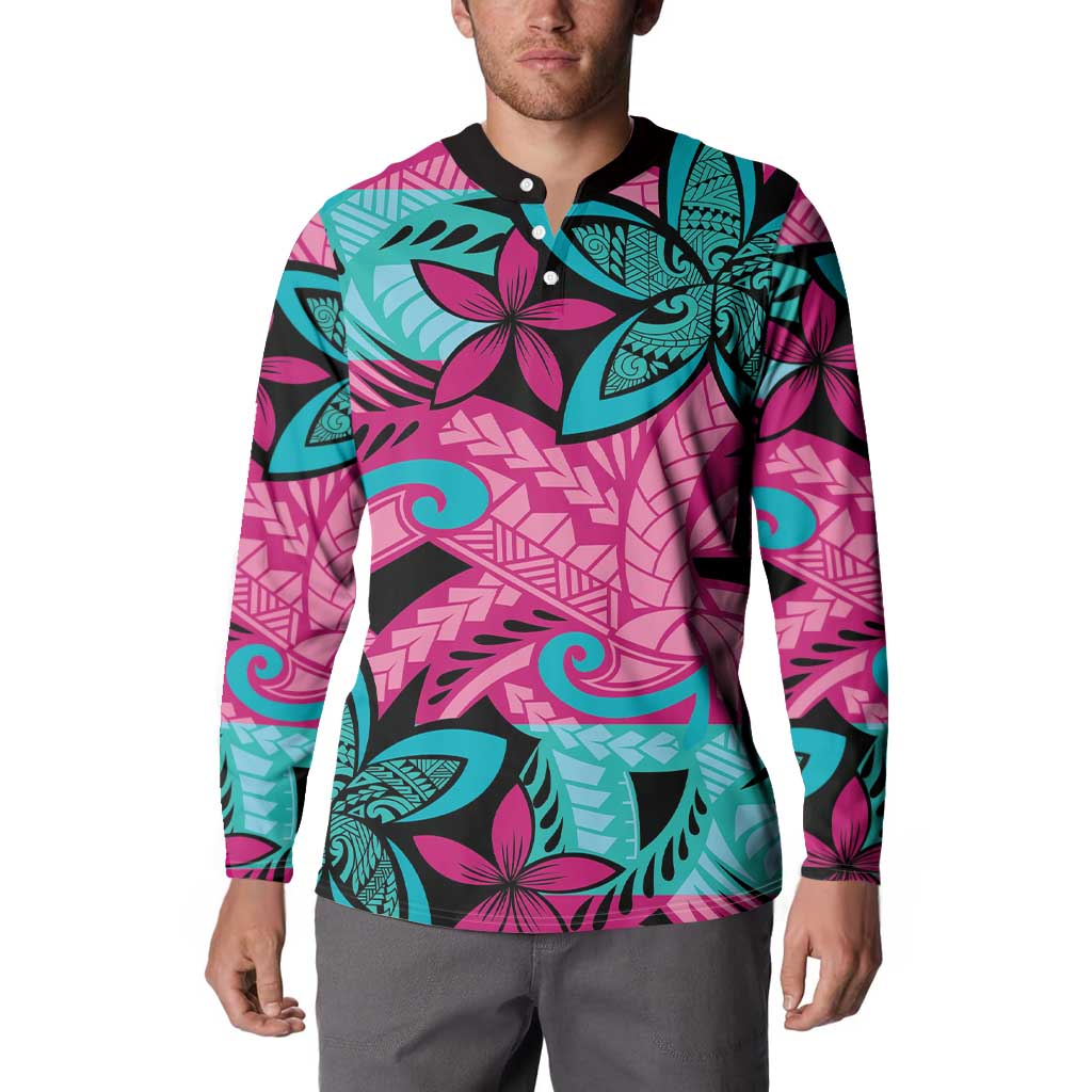 Plumeria Polynesian Pattern Button Sweatshirt Unique Fantasy Pink Teal
