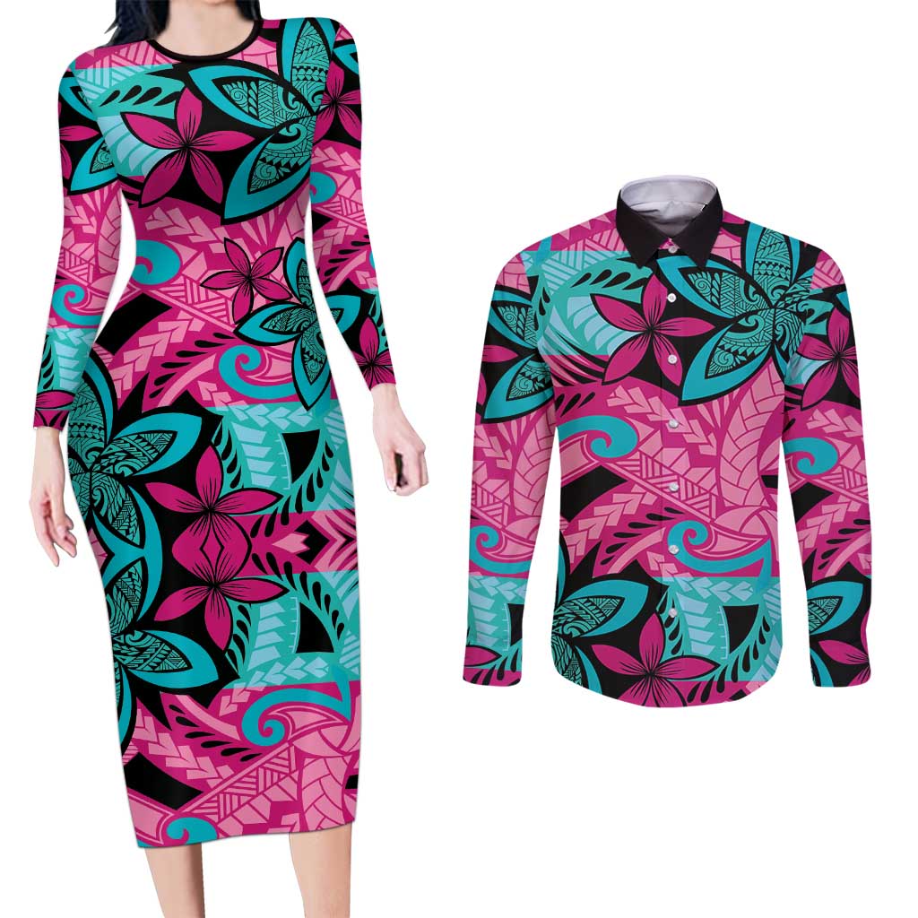 Plumeria Polynesian Pattern Couples Matching Long Sleeve Bodycon Dress and Long Sleeve Button Shirt Unique Fantasy Pink Teal LT01 Pink - Polynesian Pride