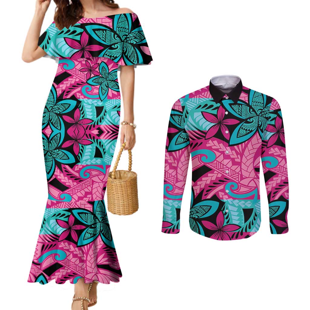 Plumeria Polynesian Pattern Couples Matching Mermaid Dress and Long Sleeve Button Shirt Unique Fantasy Pink Teal