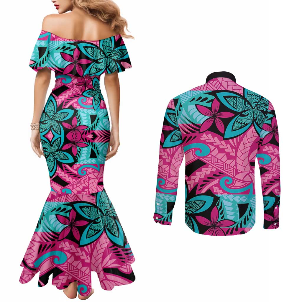 Plumeria Polynesian Pattern Couples Matching Mermaid Dress and Long Sleeve Button Shirt Unique Fantasy Pink Teal