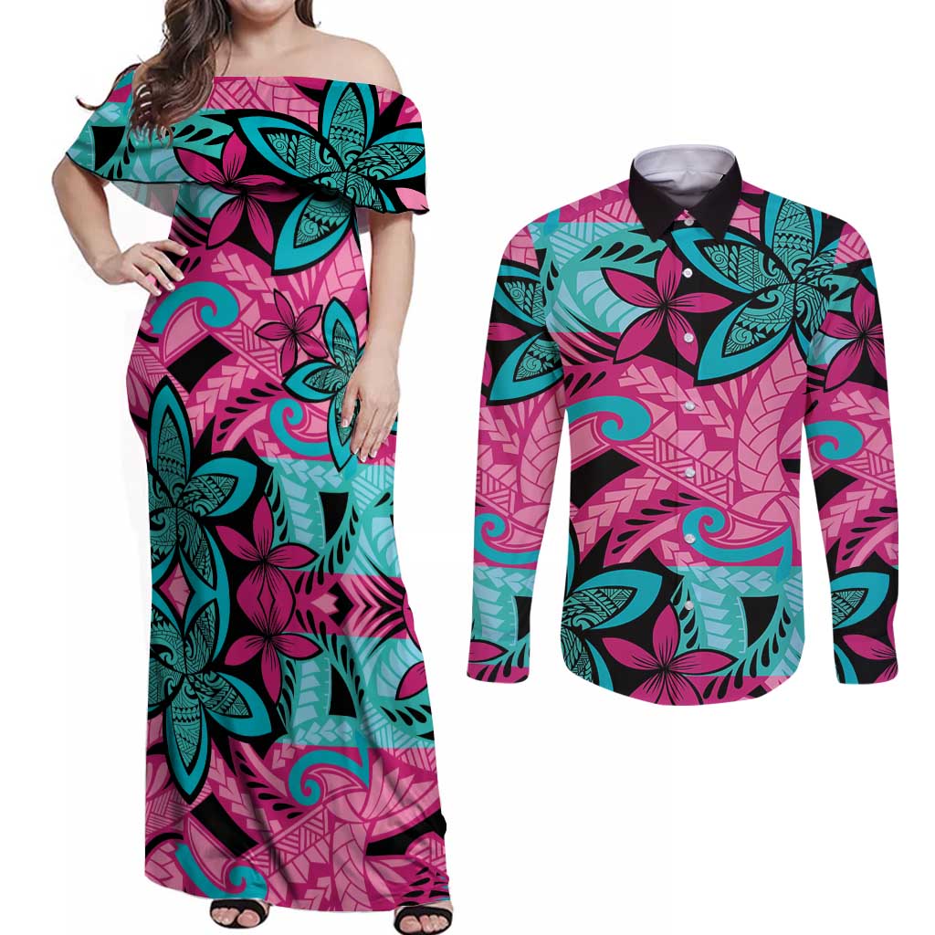Plumeria Polynesian Pattern Couples Matching Off Shoulder Maxi Dress and Long Sleeve Button Shirt Unique Fantasy Pink Teal LT01 Pink - Polynesian Pride