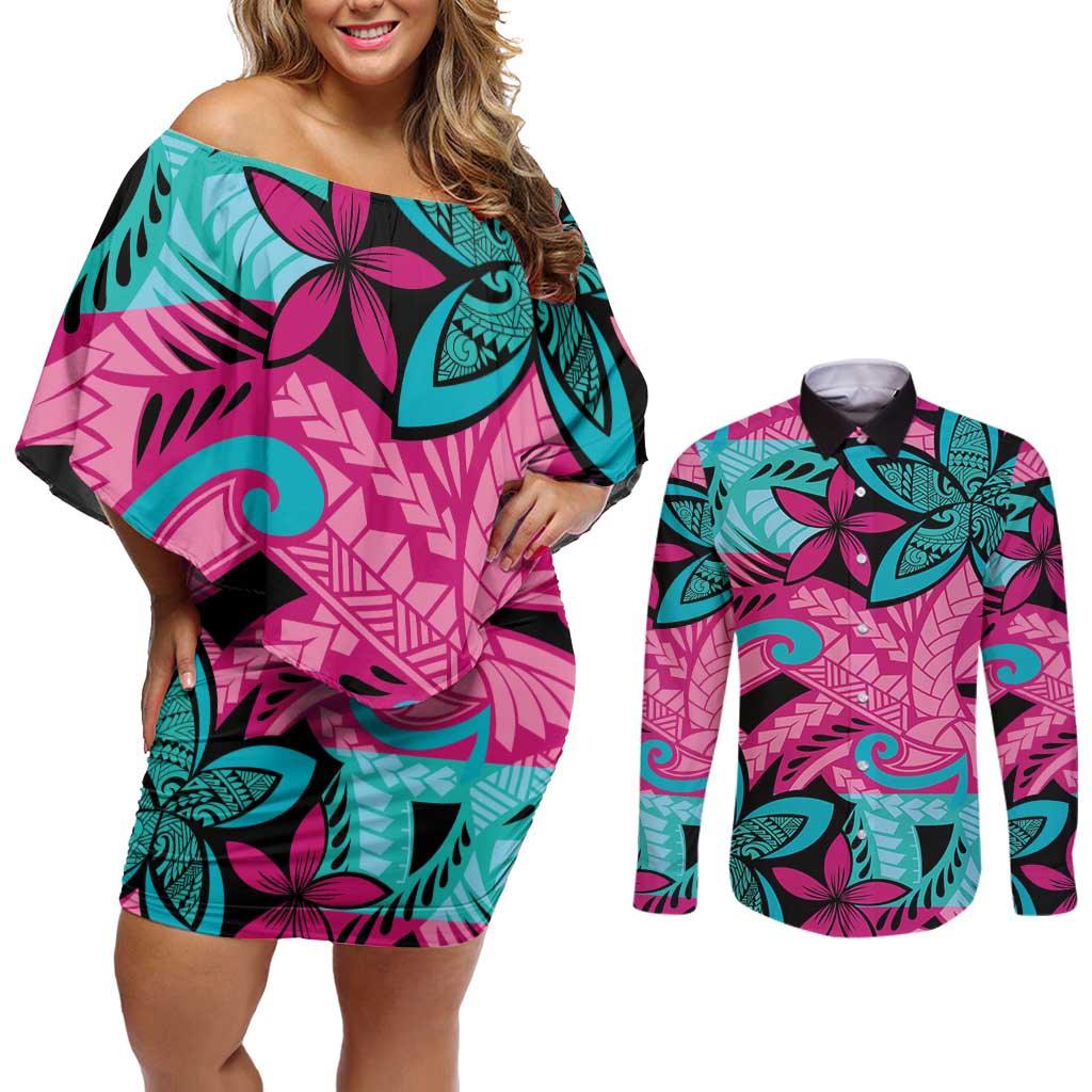 Plumeria Polynesian Pattern Couples Matching Off Shoulder Short Dress and Long Sleeve Button Shirt Unique Fantasy Pink Teal LT01 Pink - Polynesian Pride