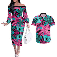 Plumeria Polynesian Pattern Couples Matching Off The Shoulder Long Sleeve Dress and Hawaiian Shirt Unique Fantasy Pink Teal LT01 Pink - Polynesian Pride