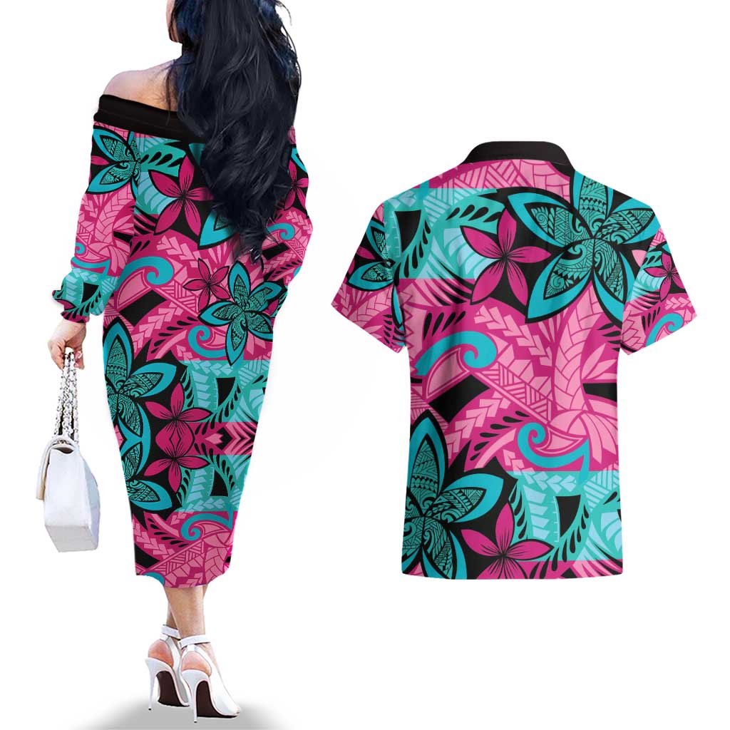Plumeria Polynesian Pattern Couples Matching Off The Shoulder Long Sleeve Dress and Hawaiian Shirt Unique Fantasy Pink Teal LT01 - Polynesian Pride