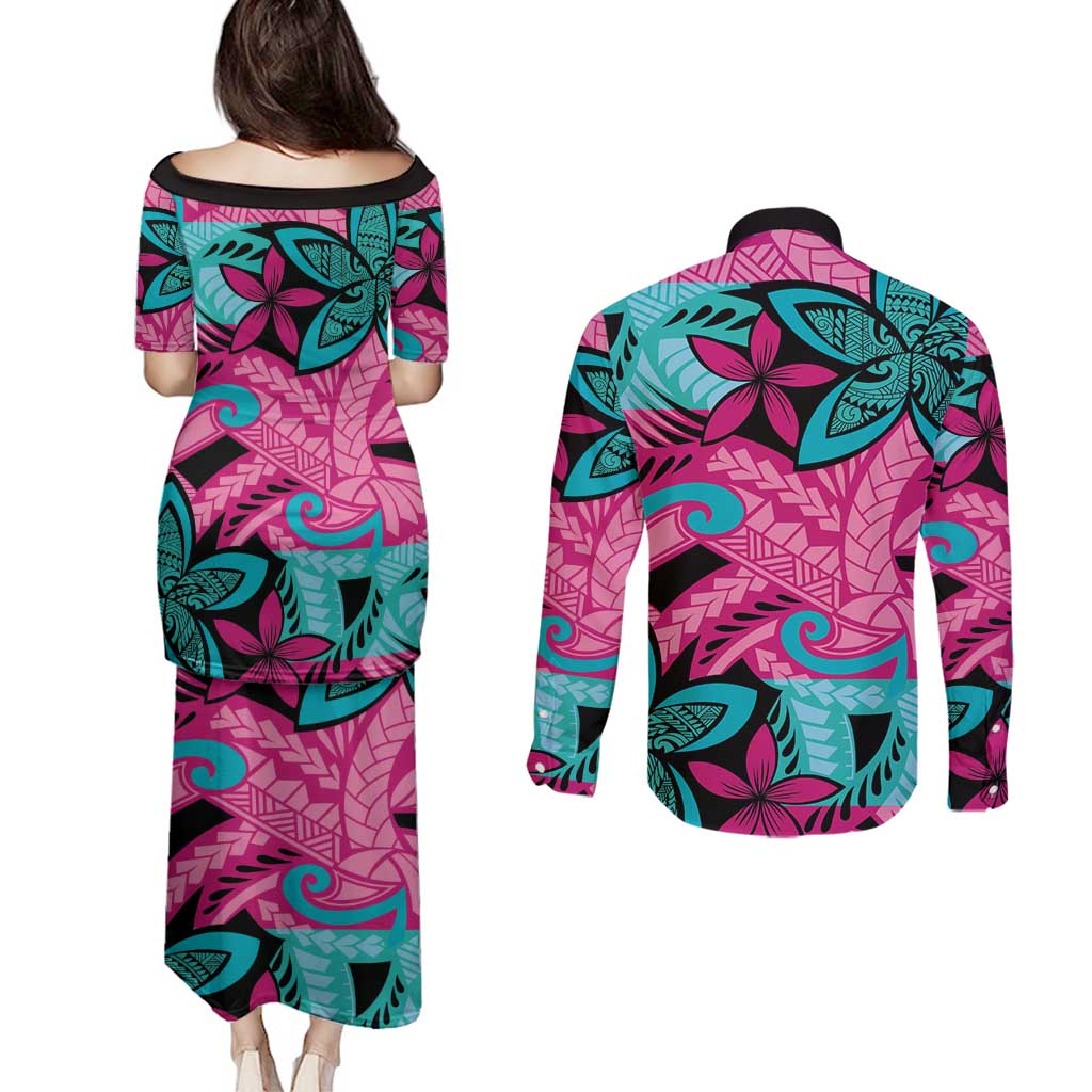 Plumeria Polynesian Pattern Couples Matching Puletasi and Long Sleeve Button Shirt Unique Fantasy Pink Teal