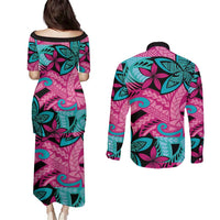 Plumeria Polynesian Pattern Couples Matching Puletasi and Long Sleeve Button Shirt Unique Fantasy Pink Teal