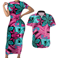 Plumeria Polynesian Pattern Couples Matching Short Sleeve Bodycon Dress and Hawaiian Shirt Unique Fantasy Pink Teal LT01 Pink - Polynesian Pride
