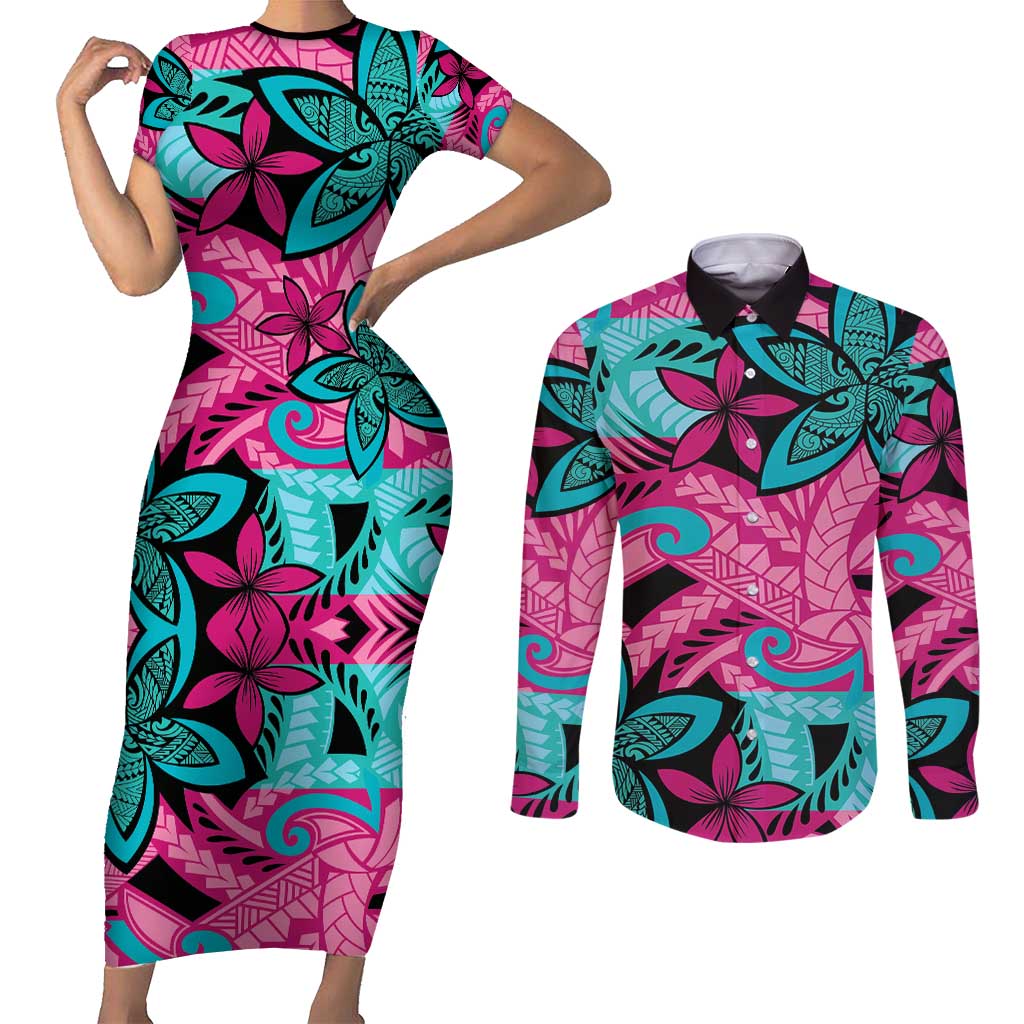 Plumeria Polynesian Pattern Couples Matching Short Sleeve Bodycon Dress and Long Sleeve Button Shirt Unique Fantasy Pink Teal LT01 Pink - Polynesian Pride