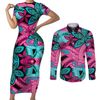 Plumeria Polynesian Pattern Couples Matching Short Sleeve Bodycon Dress and Long Sleeve Button Shirt Unique Fantasy Pink Teal