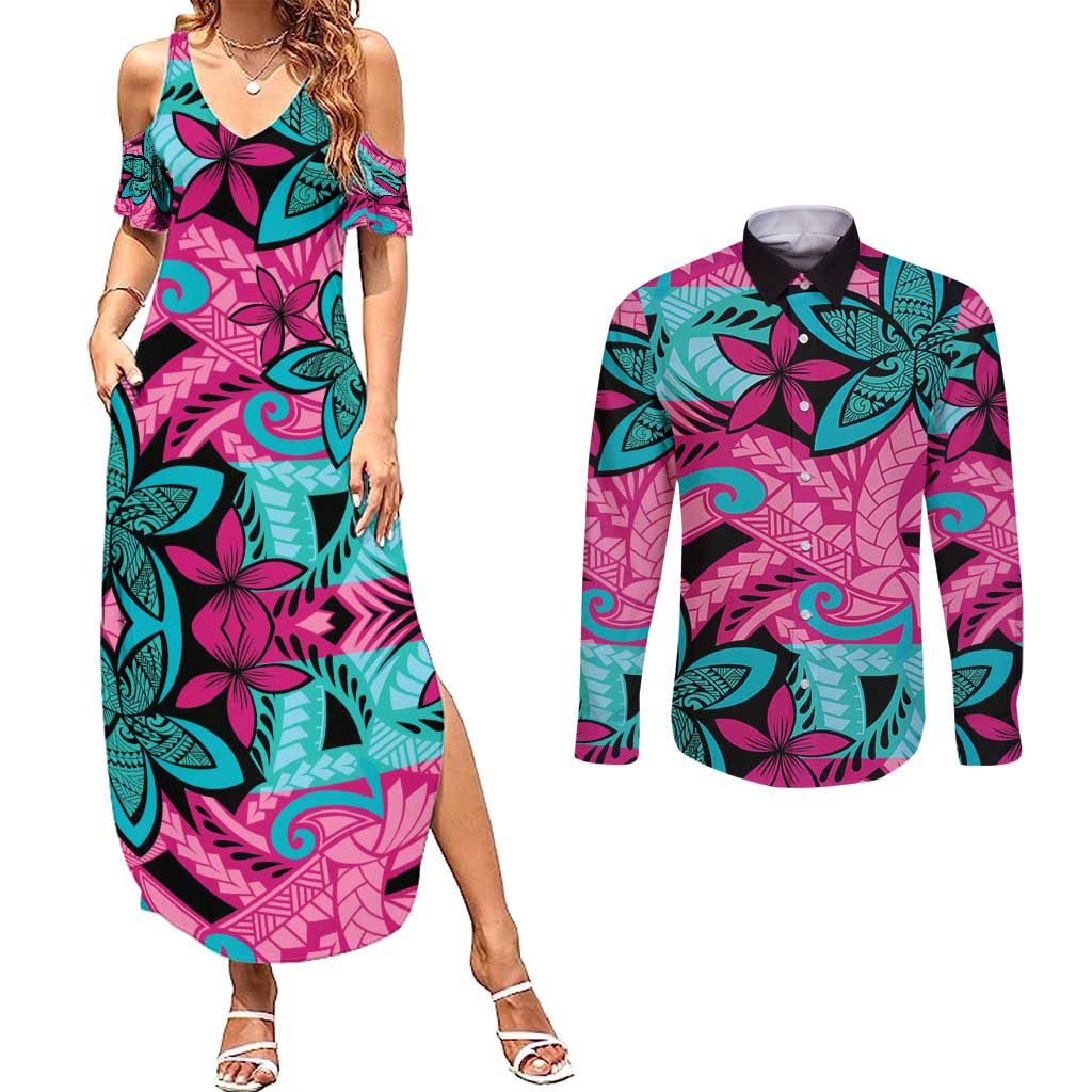 Plumeria Polynesian Pattern Couples Matching Summer Maxi Dress and Long Sleeve Button Shirt Unique Fantasy Pink Teal LT01 Pink - Polynesian Pride