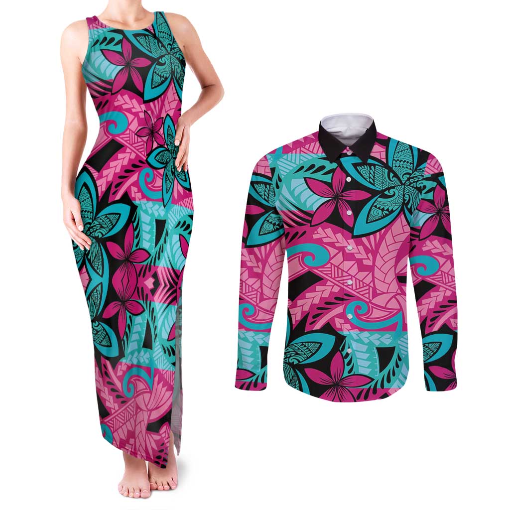 Plumeria Polynesian Pattern Couples Matching Tank Maxi Dress and Long Sleeve Button Shirt Unique Fantasy Pink Teal LT01 Pink - Polynesian Pride