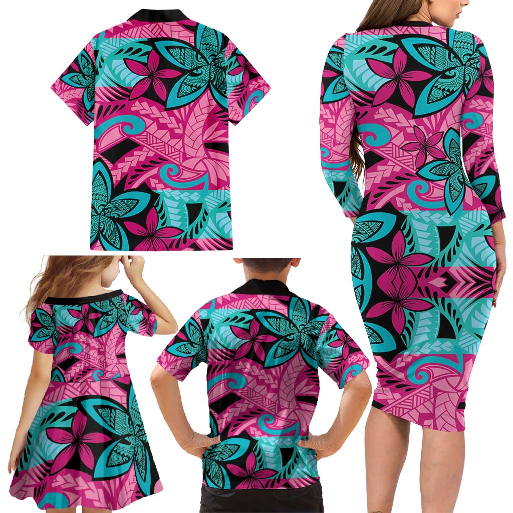 Plumeria Polynesian Pattern Family Matching Long Sleeve Bodycon Dress and Hawaiian Shirt Unique Fantasy Pink Teal LT01 - Polynesian Pride