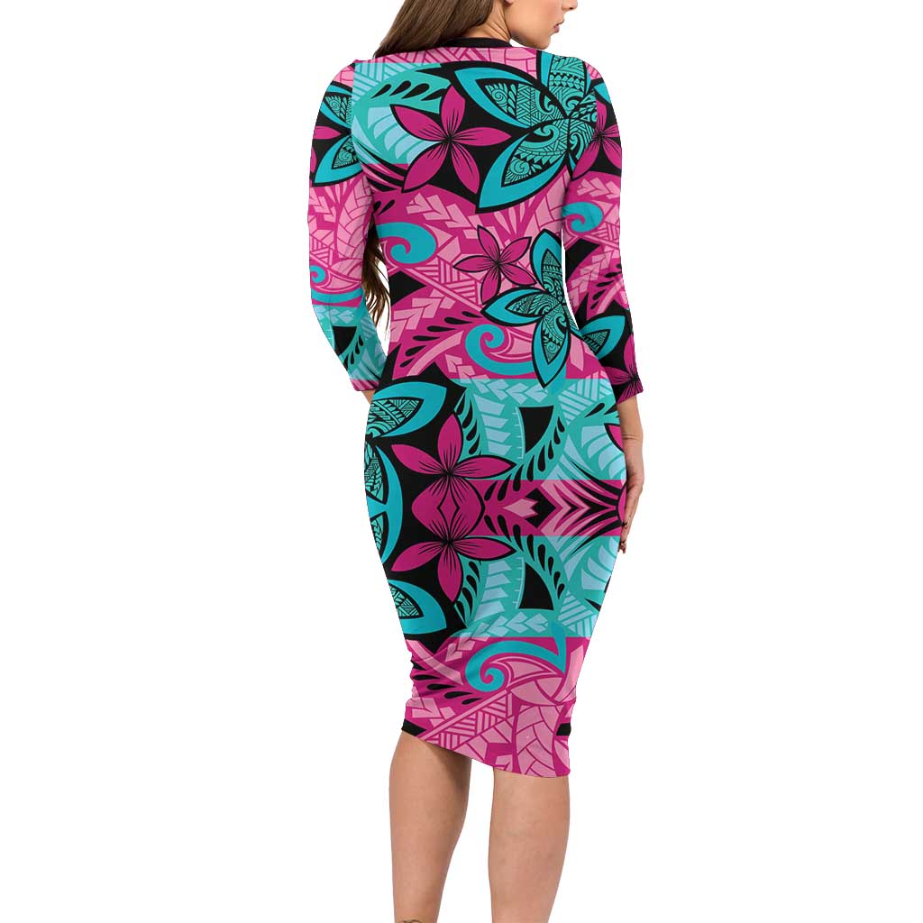 Plumeria Polynesian Pattern Family Matching Long Sleeve Bodycon Dress and Hawaiian Shirt Unique Fantasy Pink Teal LT01 - Polynesian Pride