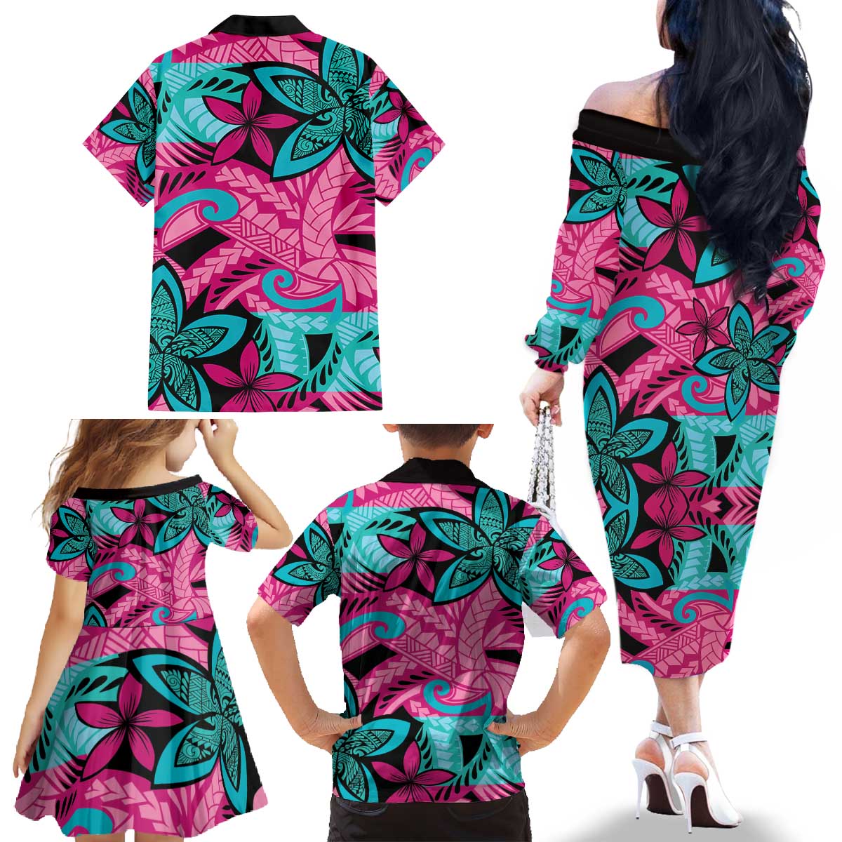 Plumeria Polynesian Pattern Family Matching Off The Shoulder Long Sleeve Dress and Hawaiian Shirt Unique Fantasy Pink Teal LT01 - Polynesian Pride