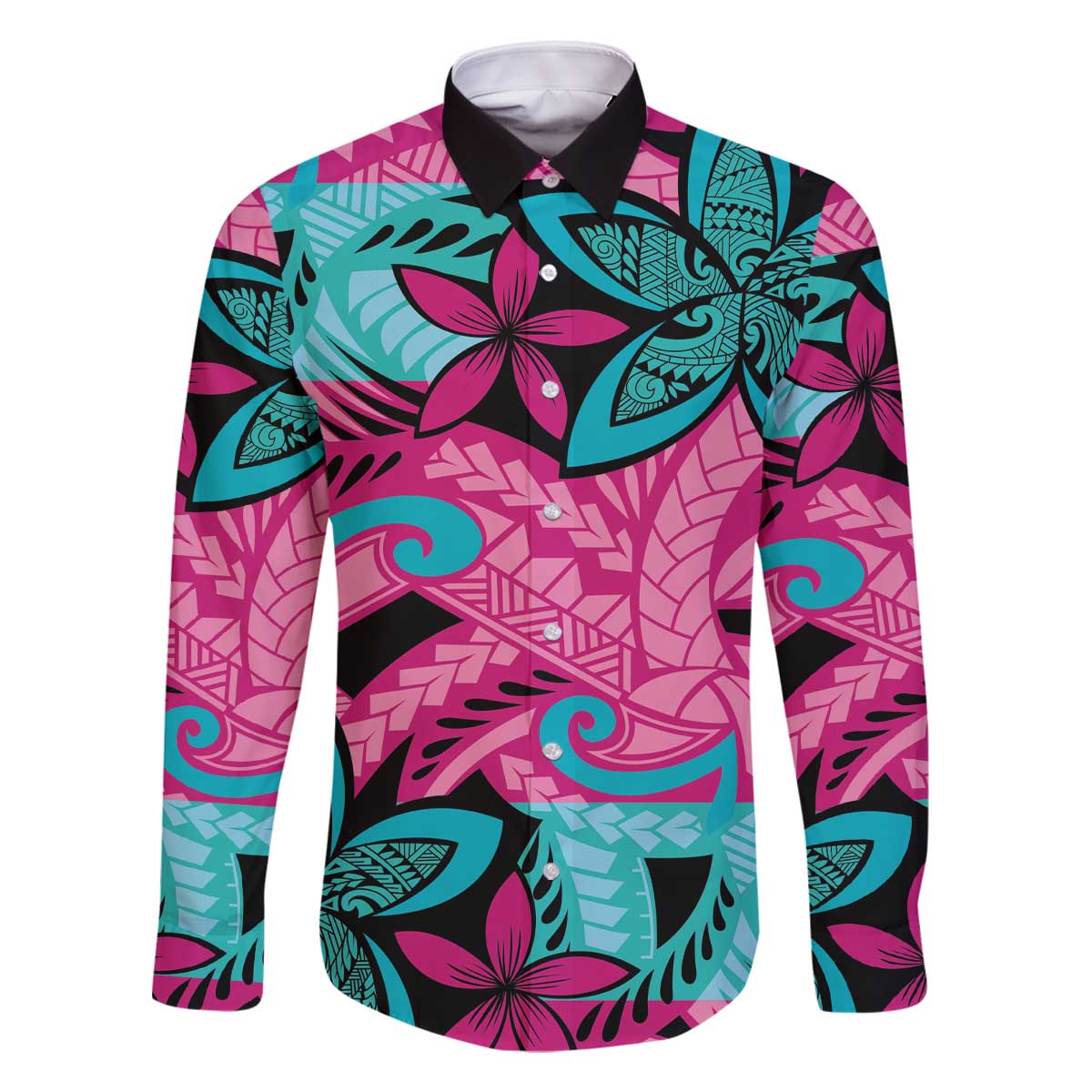 Plumeria Polynesian Pattern Family Matching Off The Shoulder Long Sleeve Dress and Hawaiian Shirt Unique Fantasy Pink Teal LT01 Dad's Shirt - Long Sleeve Pink - Polynesian Pride