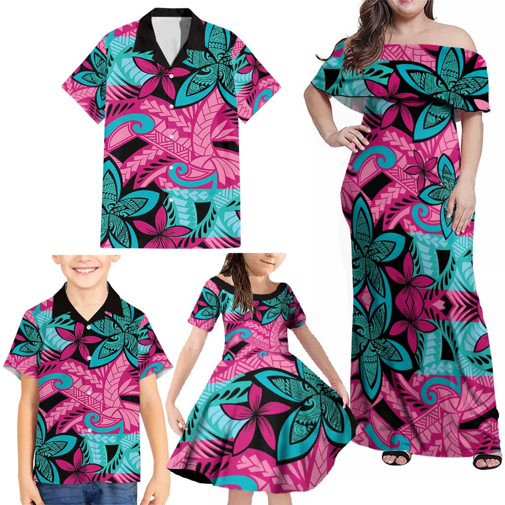 Plumeria Polynesian Pattern Family Matching Off Shoulder Maxi Dress and Hawaiian Shirt Unique Fantasy Pink Teal LT01 - Polynesian Pride