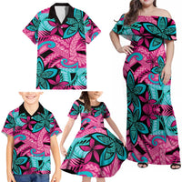 Plumeria Polynesian Pattern Family Matching Off Shoulder Maxi Dress and Hawaiian Shirt Unique Fantasy Pink Teal LT01 - Polynesian Pride