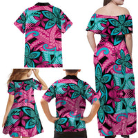 Plumeria Polynesian Pattern Family Matching Off Shoulder Maxi Dress and Hawaiian Shirt Unique Fantasy Pink Teal LT01 - Polynesian Pride