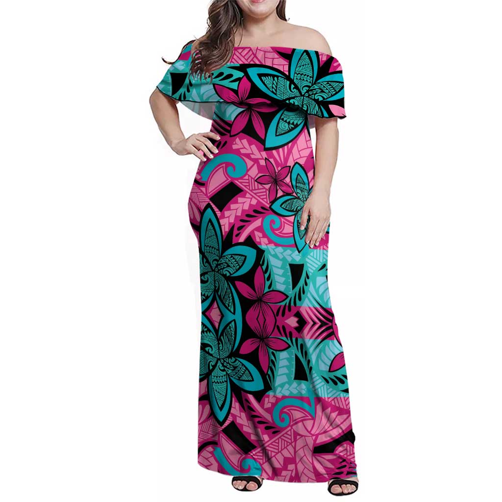 Plumeria Polynesian Pattern Family Matching Off Shoulder Maxi Dress and Hawaiian Shirt Unique Fantasy Pink Teal LT01 Mom's Dress Pink - Polynesian Pride