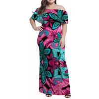 Plumeria Polynesian Pattern Family Matching Off Shoulder Maxi Dress and Hawaiian Shirt Unique Fantasy Pink Teal LT01 Mom's Dress Pink - Polynesian Pride