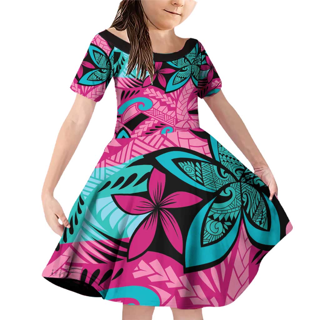 Plumeria Polynesian Pattern Family Matching Off Shoulder Short Dress and Hawaiian Shirt Unique Fantasy Pink Teal LT01 Daughter's Dress Pink - Polynesian Pride