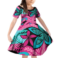 Plumeria Polynesian Pattern Family Matching Off Shoulder Short Dress and Hawaiian Shirt Unique Fantasy Pink Teal LT01 Daughter's Dress Pink - Polynesian Pride