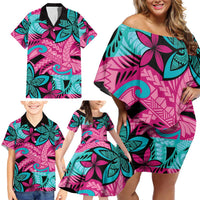 Plumeria Polynesian Pattern Family Matching Off Shoulder Short Dress and Hawaiian Shirt Unique Fantasy Pink Teal LT01 - Polynesian Pride
