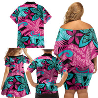 Plumeria Polynesian Pattern Family Matching Off Shoulder Short Dress and Hawaiian Shirt Unique Fantasy Pink Teal LT01 - Polynesian Pride