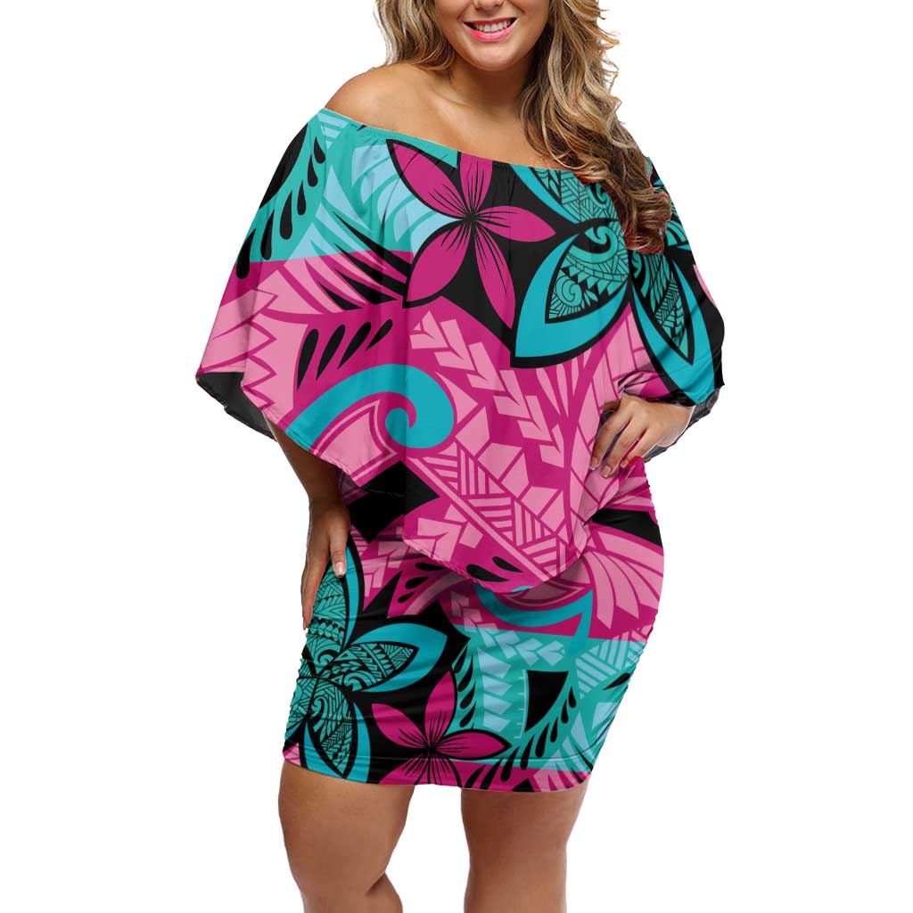 Plumeria Polynesian Pattern Family Matching Off Shoulder Short Dress and Hawaiian Shirt Unique Fantasy Pink Teal LT01 Mom's Dress Pink - Polynesian Pride