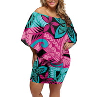 Plumeria Polynesian Pattern Family Matching Off Shoulder Short Dress and Hawaiian Shirt Unique Fantasy Pink Teal LT01 Mom's Dress Pink - Polynesian Pride