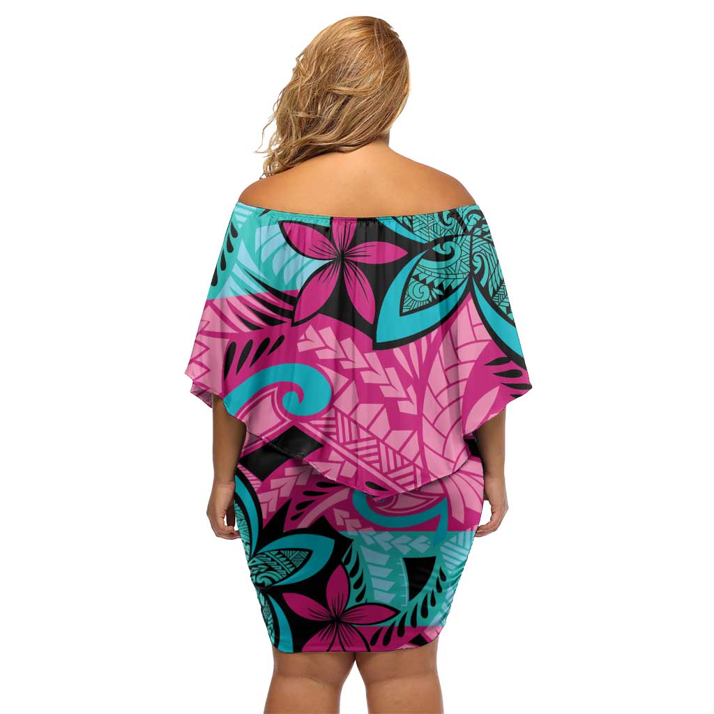 Plumeria Polynesian Pattern Family Matching Off Shoulder Short Dress and Hawaiian Shirt Unique Fantasy Pink Teal LT01 - Polynesian Pride