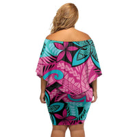 Plumeria Polynesian Pattern Family Matching Off Shoulder Short Dress and Hawaiian Shirt Unique Fantasy Pink Teal LT01 - Polynesian Pride