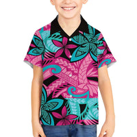 Plumeria Polynesian Pattern Family Matching Off Shoulder Short Dress and Hawaiian Shirt Unique Fantasy Pink Teal LT01 Son's Shirt Pink - Polynesian Pride