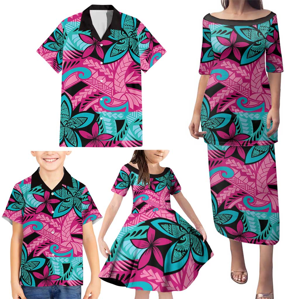Plumeria Polynesian Pattern Family Matching Puletasi and Hawaiian Shirt Unique Fantasy Pink Teal LT01 - Polynesian Pride