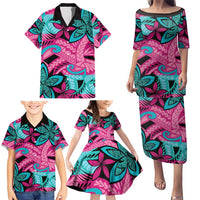Plumeria Polynesian Pattern Family Matching Puletasi and Hawaiian Shirt Unique Fantasy Pink Teal LT01 - Polynesian Pride