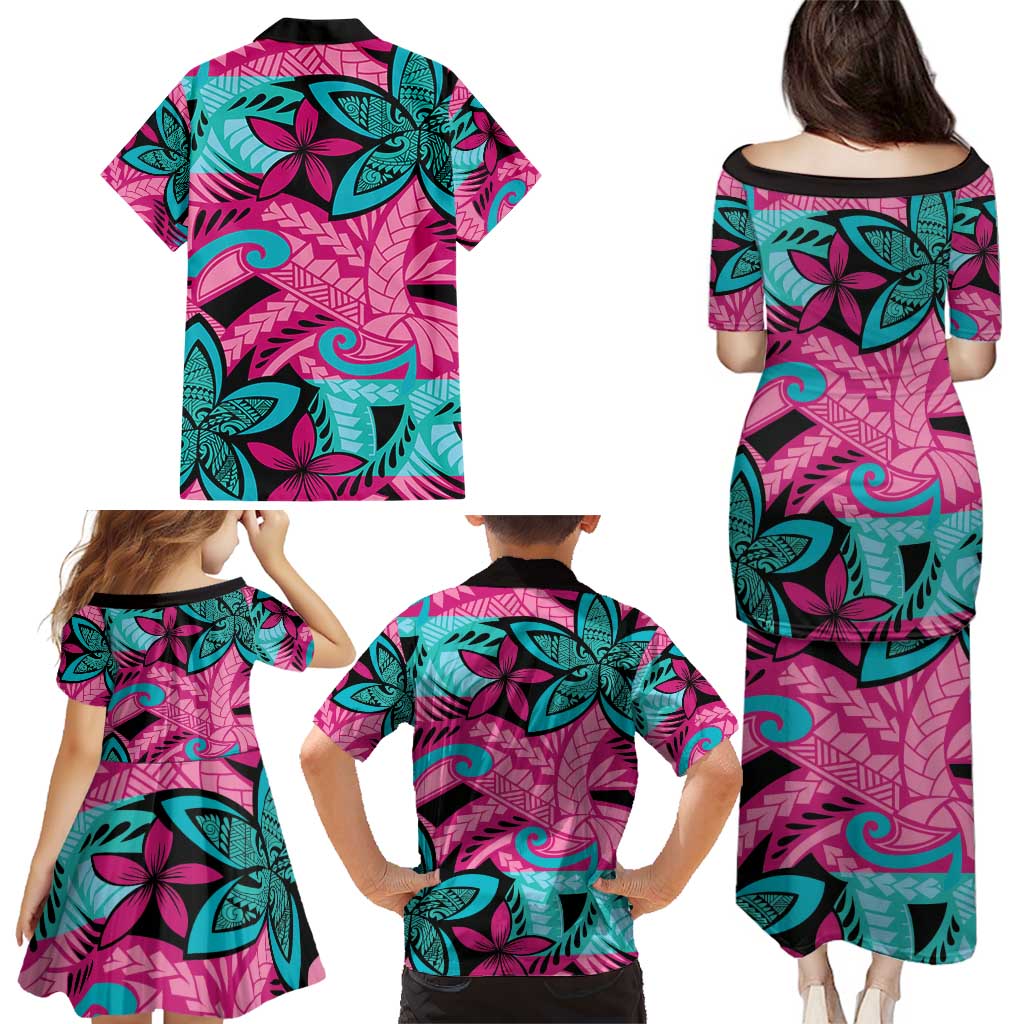 Plumeria Polynesian Pattern Family Matching Puletasi and Hawaiian Shirt Unique Fantasy Pink Teal LT01 - Polynesian Pride