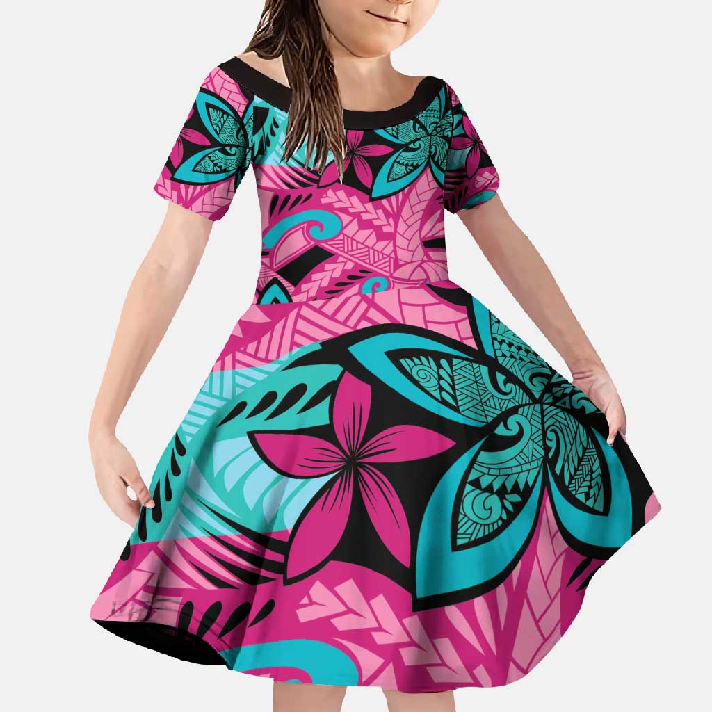 Plumeria Polynesian Pattern Family Matching Summer Maxi Dress and Hawaiian Shirt Unique Fantasy Pink Teal LT01 Daughter's Dress Pink - Polynesian Pride