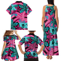 Plumeria Polynesian Pattern Family Matching Tank Maxi Dress and Hawaiian Shirt Unique Fantasy Pink Teal LT01 - Polynesian Pride