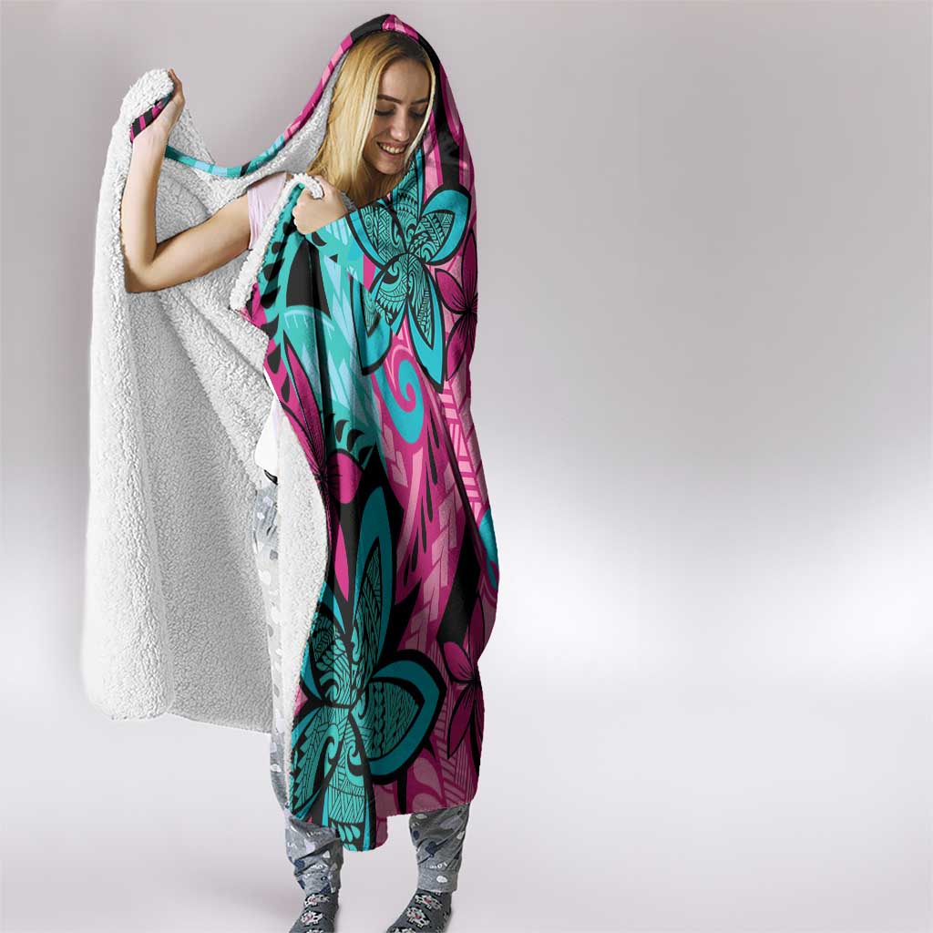 Plumeria Polynesian Pattern Hooded Blanket Unique Fantasy Pink Teal