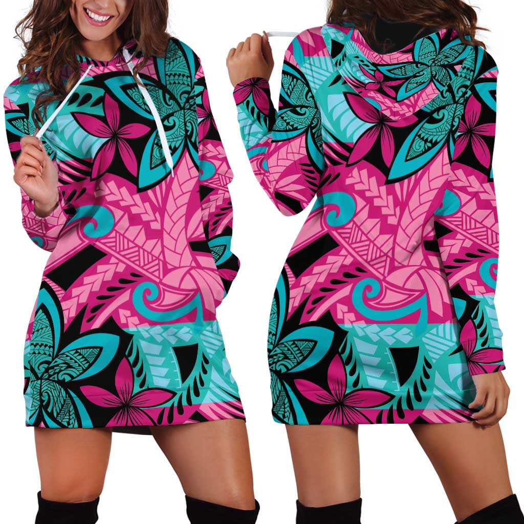 Plumeria Polynesian Pattern Hoodie Dress Unique Fantasy Pink Teal LT01 - Polynesian Pride