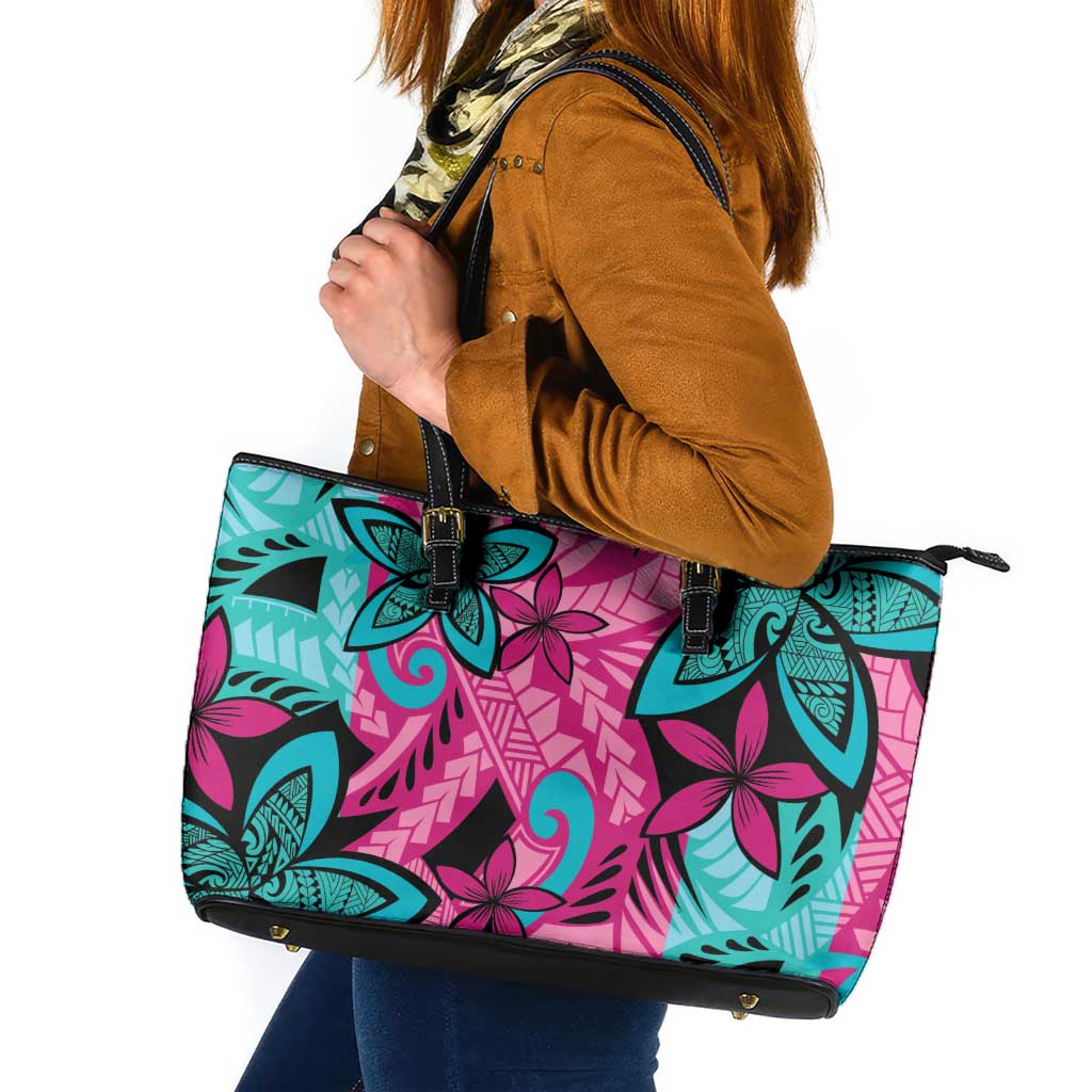 Plumeria Polynesian Pattern Leather Tote Bag Unique Fantasy Pink Teal LT01 Pink - Polynesian Pride